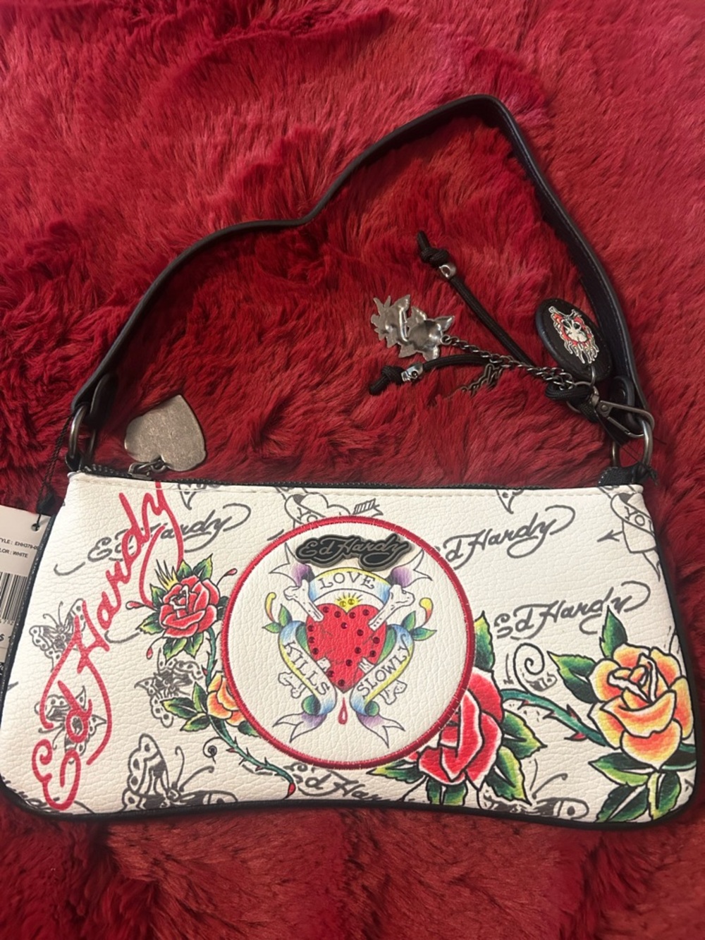Ed Hardy White Tattoo Heart & Rose Shoulder Bag
